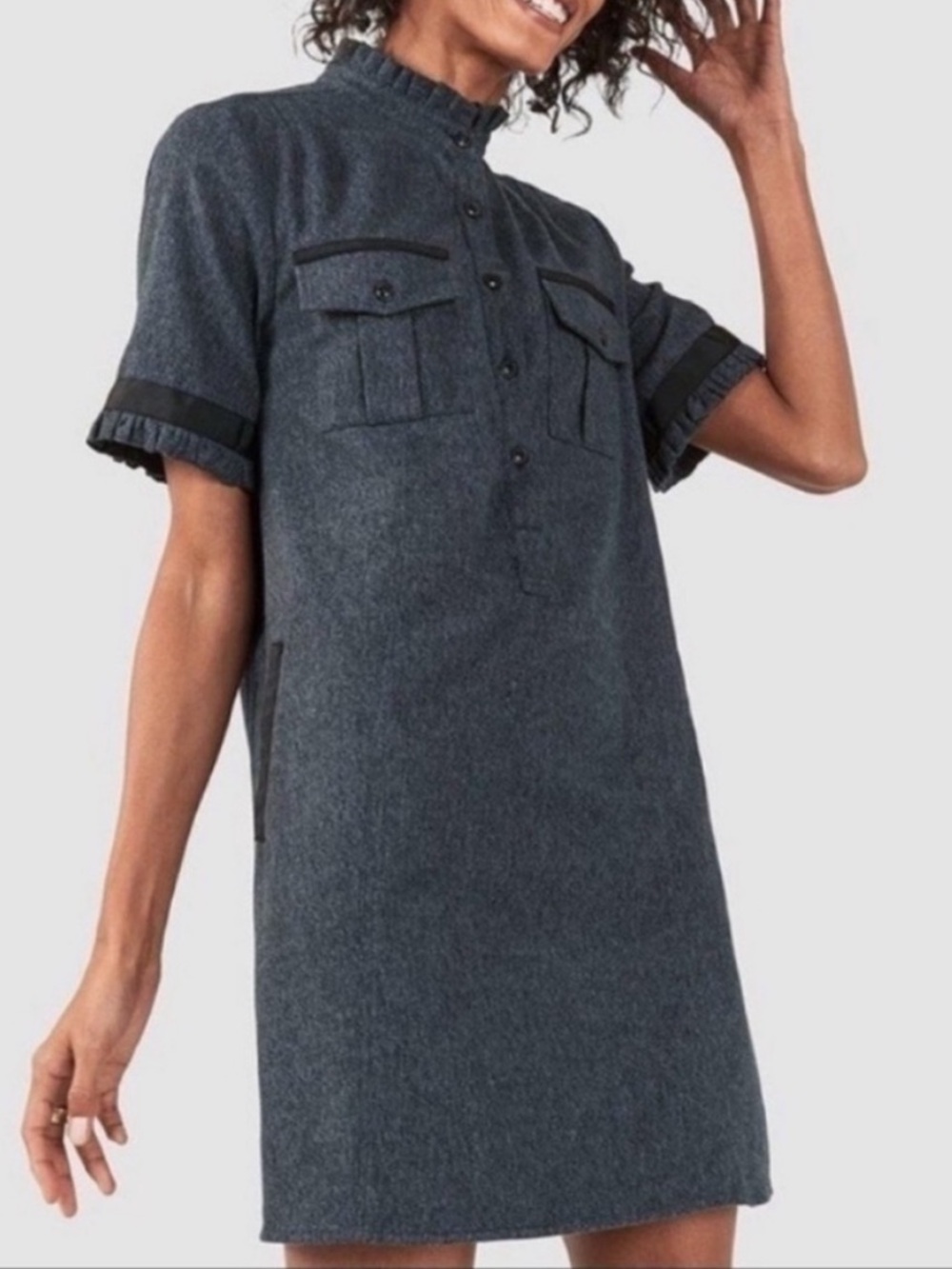 Faherty Piecrust Mini Dress Charcoal Gray Utility Shirt Dress